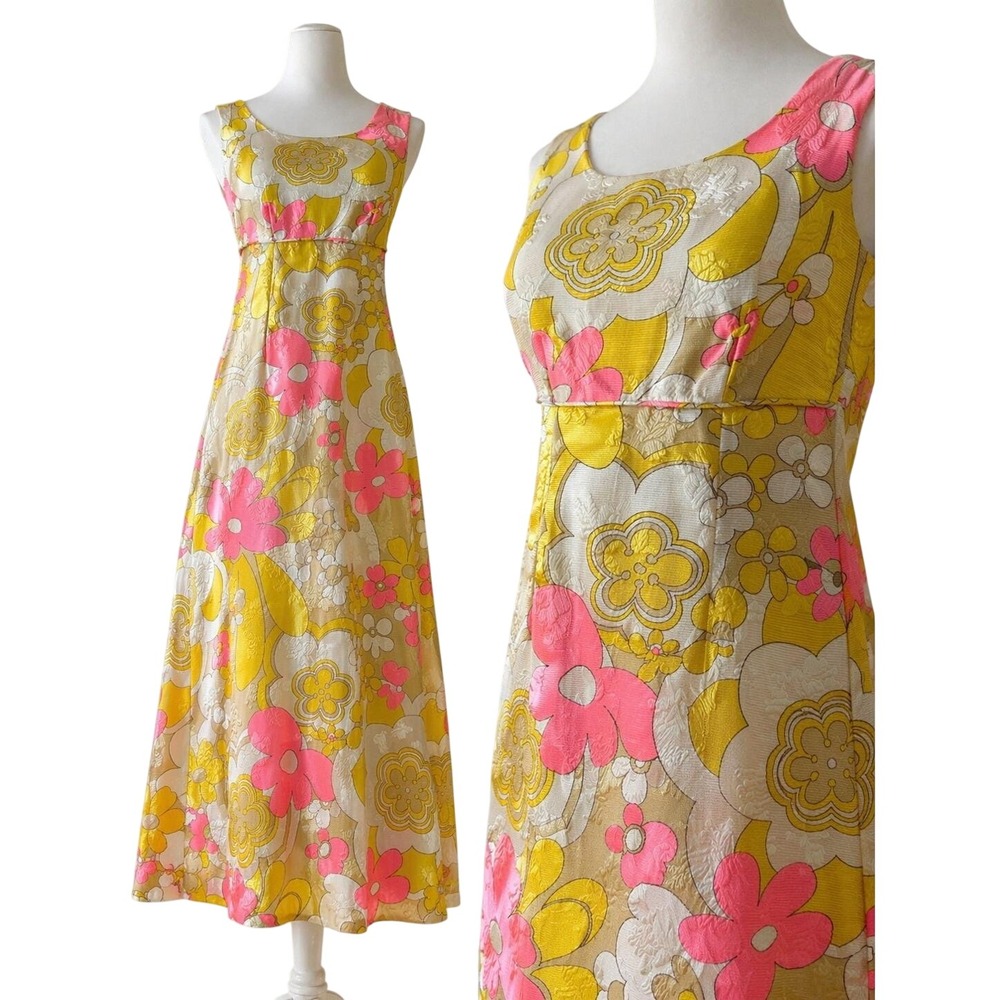 Vintage Calabash House Womens Mod Empire Waist Maxi‎ Dress XS Hawaiian 60s 70s